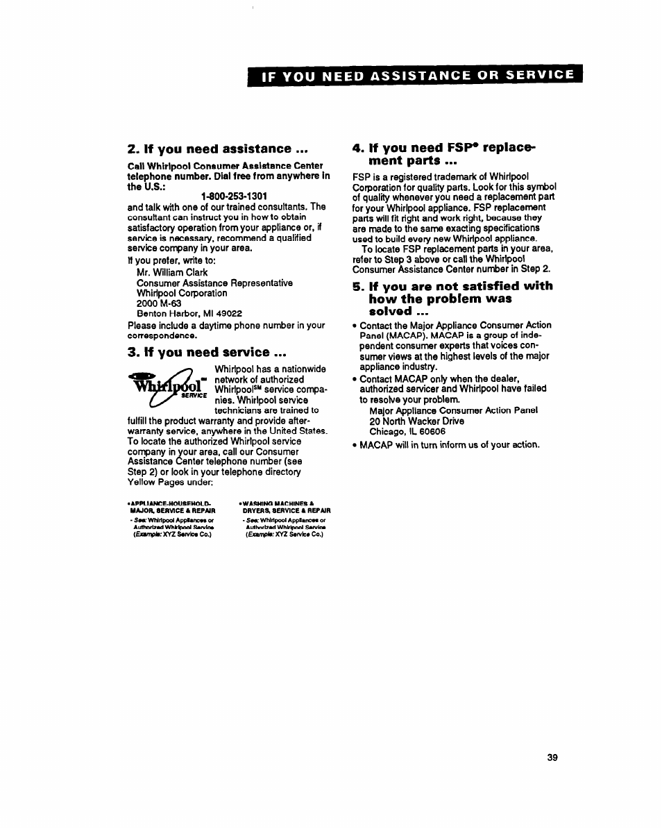 If you need assistance, If you need service, If you need fsp* replacement parts | If you need fsp* replace­ ment parts | Whirlpool RB260PXY User Manual | Page 39 / 40