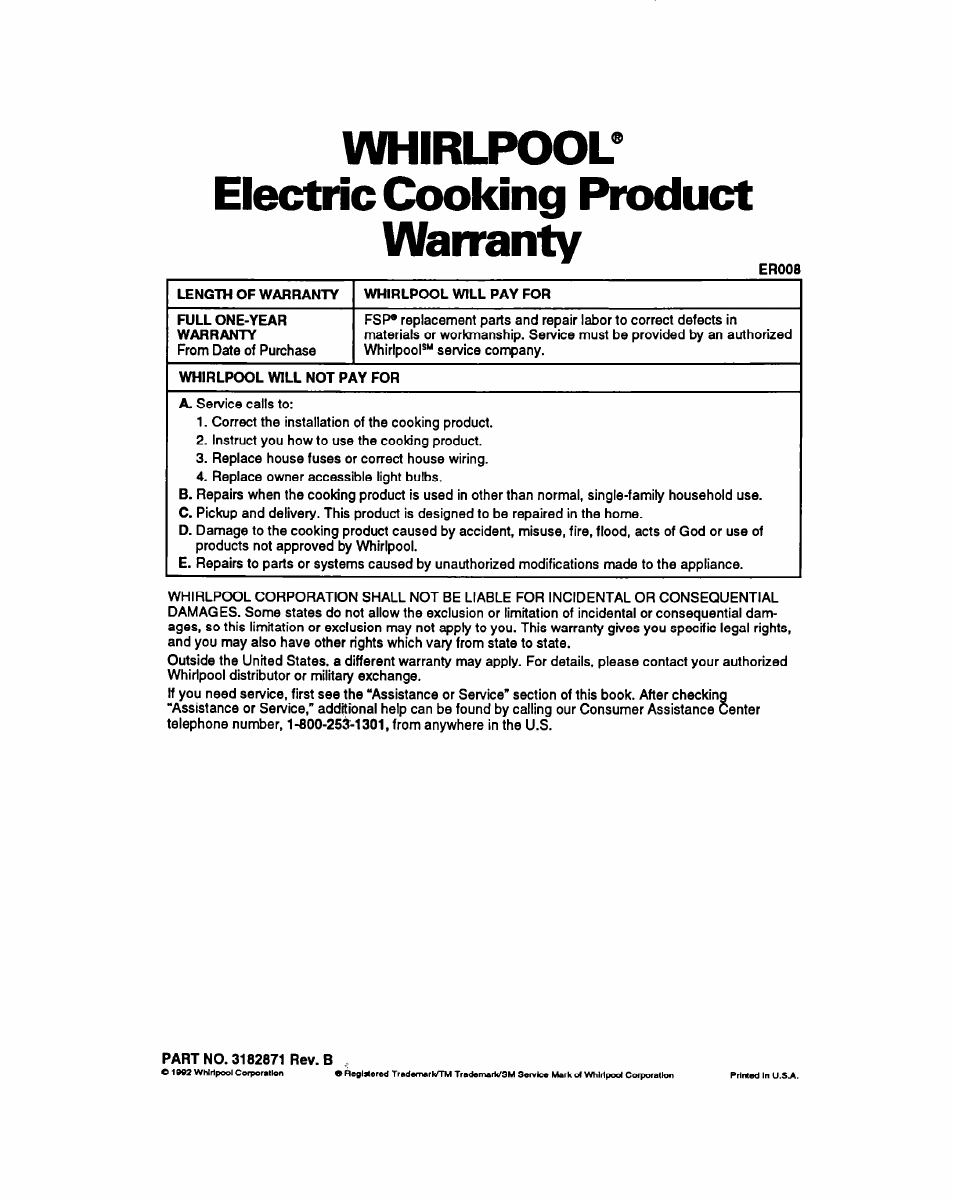 Whirlpool’^ electric cooking product, Warranty, Whirlpool’^ electric cooking product warranty | Whirlpool RB260PXY User Manual | Page 40 / 40