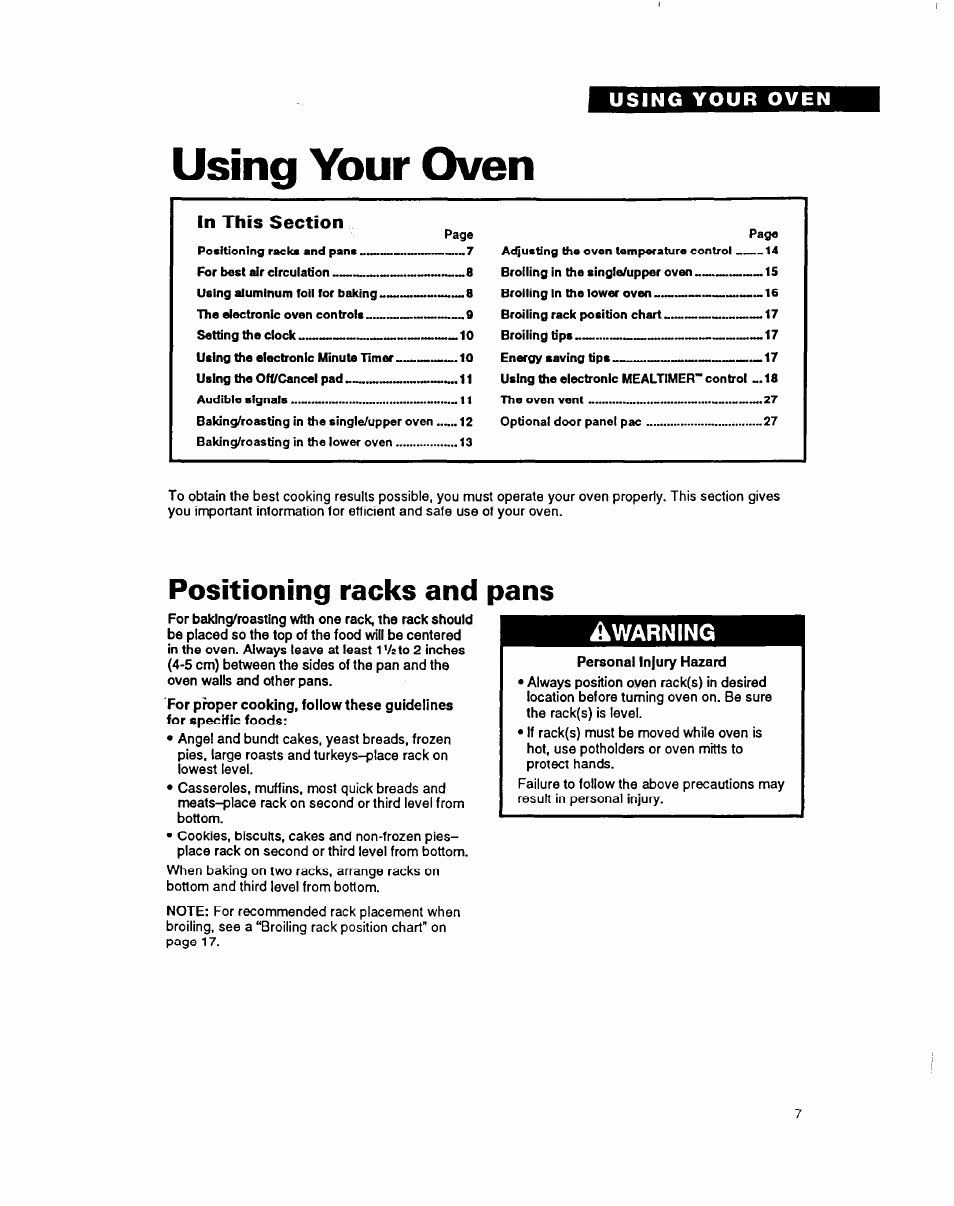 Using your oven, Positioning racks and pans, Warning | Whirlpool RB260PXY User Manual | Page 7 / 40