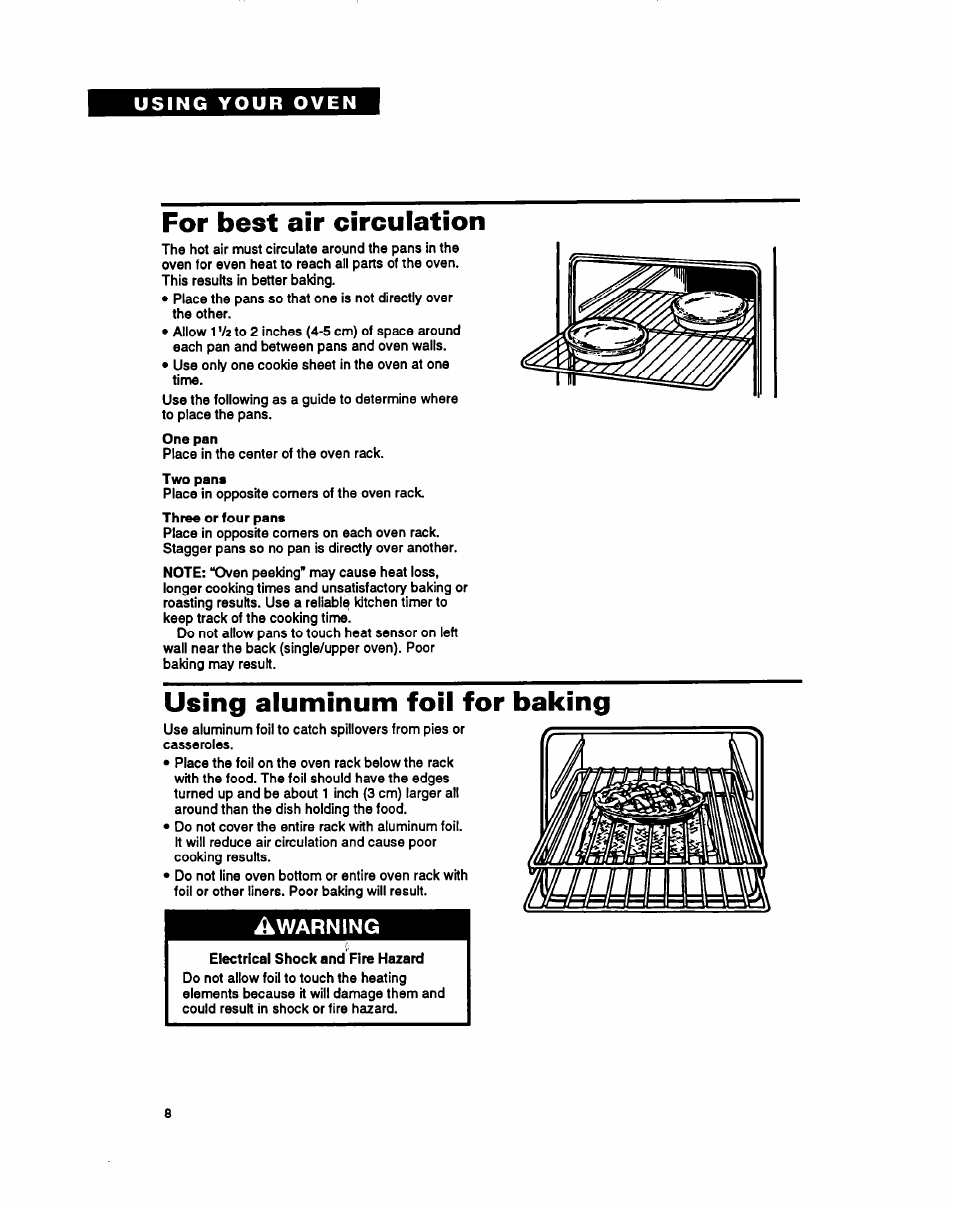 For best air circulation, Using aluminum foil for baking, Warning | Whirlpool RB260PXY User Manual | Page 8 / 40