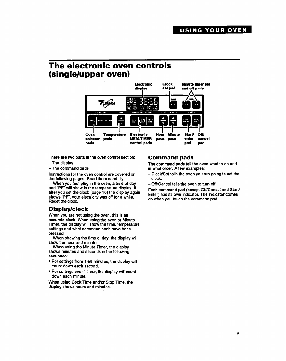 The electronic oven controls (single/upper oven), Display/clock, Command pads | Mb ^ bpb ^i | Whirlpool RB260PXY User Manual | Page 9 / 40