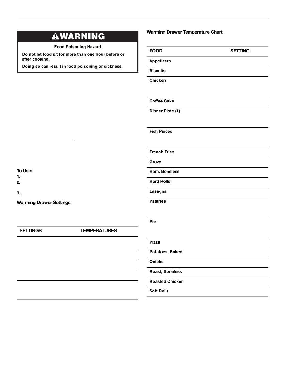 Warning, Warming drawer | Whirlpool 9763003 User Manual | Page 16 / 24