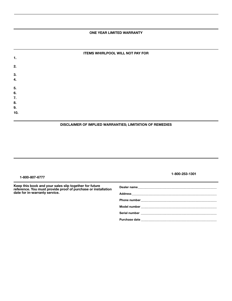 Whirlpool corporation major appliance warranty | Whirlpool 9763003 User Manual | Page 23 / 24