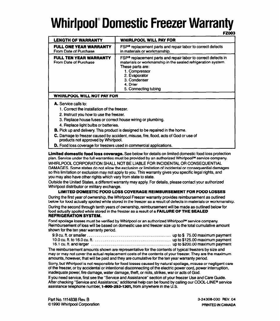 Whirlpoor domestic freezer warranty | Whirlpool EH070FX User Manual | Page 12 / 12