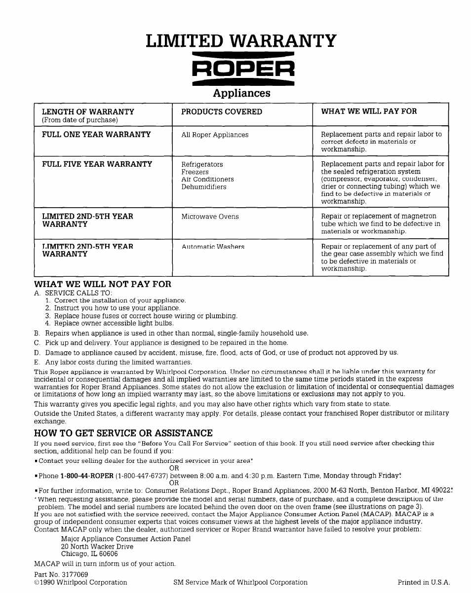 Limited warranty, Appliances | Whirlpool BES750W User Manual | Page 16 / 16