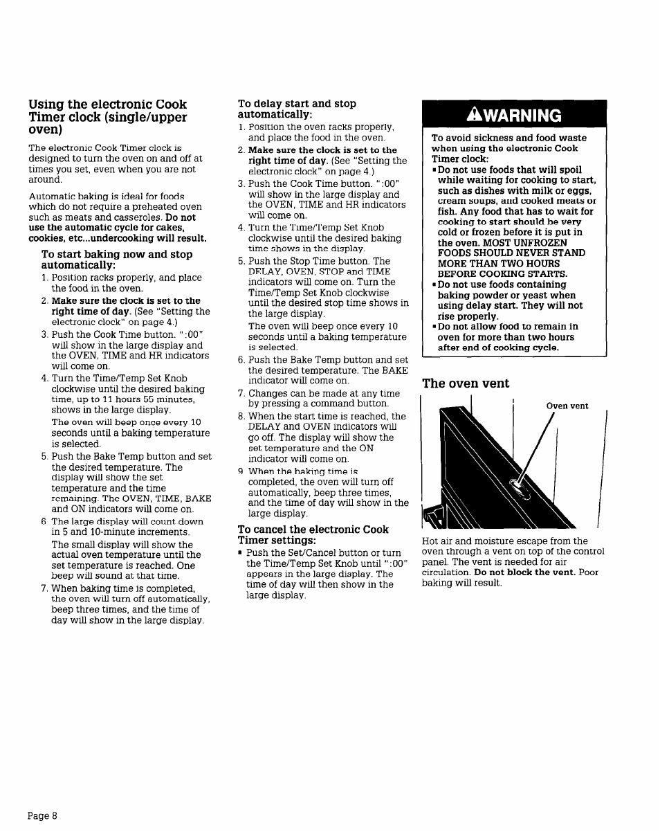 Warning, The oven vent | Whirlpool BES750W User Manual | Page 8 / 16