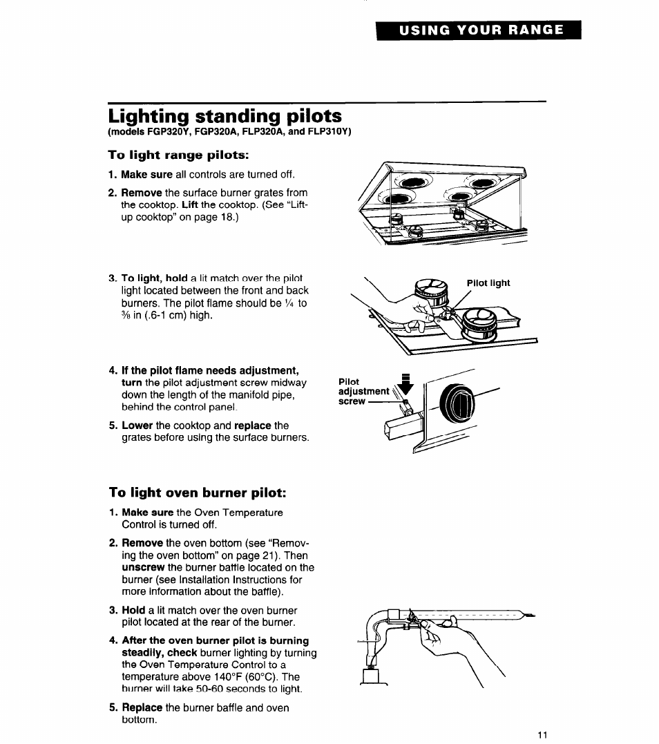 Lighting standing pilots, To light range pilots, To light oven burner pilot | Lighting standing piiots | Whirlpool FGP320A User Manual | Page 11 / 28