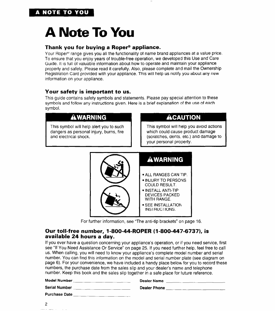 A note to you, Thank you for buying a roper® appliance, Your safety is important to us | Cisv | Whirlpool FGP320A User Manual | Page 2 / 28