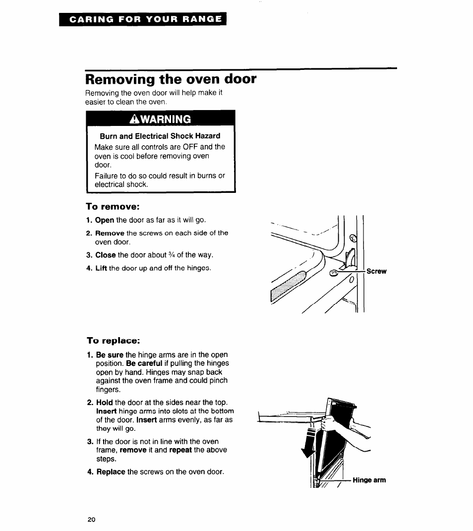 Removing the oven door, Burn and electrical shock hazard, To remove | To replace | Whirlpool FGP320A User Manual | Page 20 / 28