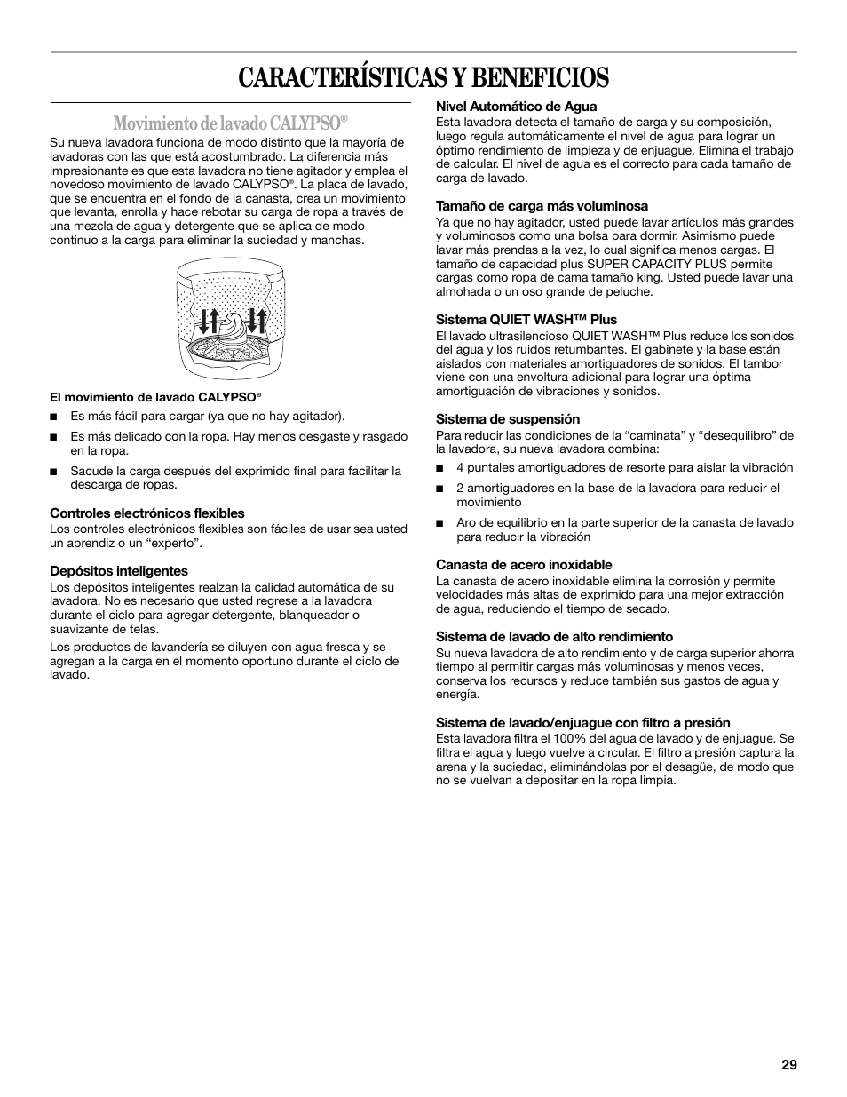 Características y beneficios, Movimiento de lavado calypso | Whirlpool GVW9959KL0 User Manual | Page 29 / 64