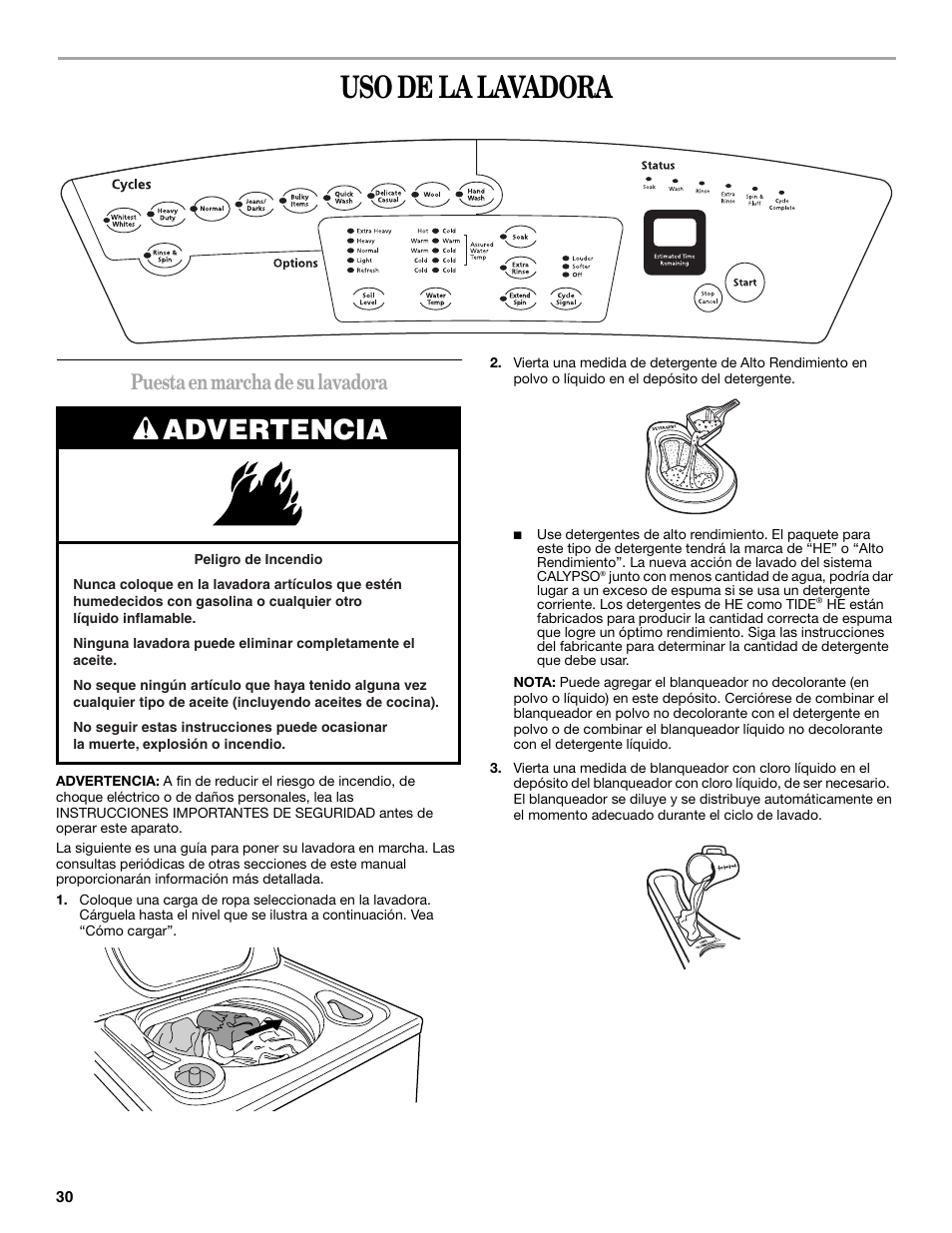 Uso de la lavadora, Advertencia, Puesta en marcha de su lavadora | Whirlpool GVW9959KL0 User Manual | Page 30 / 64