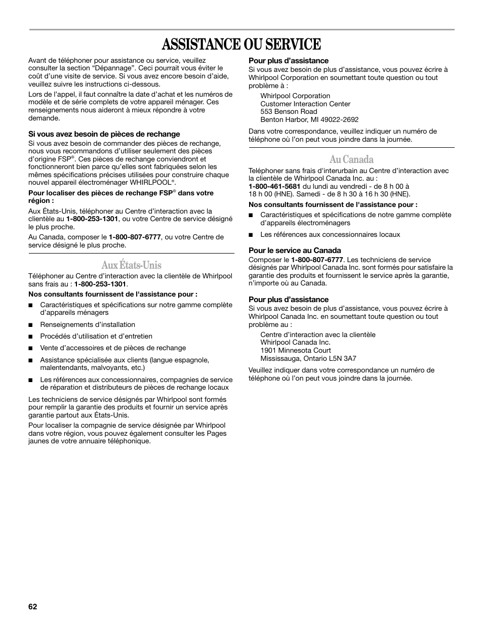 Assistance ou service, Aux états-unis, Au canada | Whirlpool GVW9959KL0 User Manual | Page 62 / 64