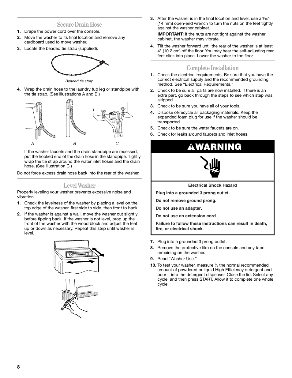 Warning, Secure drain hose, Level washer | Complete installation | Whirlpool GVW9959KL0 User Manual | Page 8 / 64