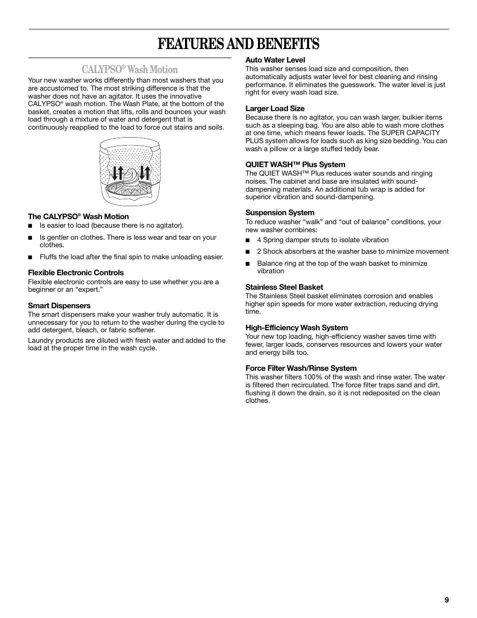 Features and benefits, Calypso, Wash motion | Whirlpool GVW9959KL0 User Manual | Page 9 / 64