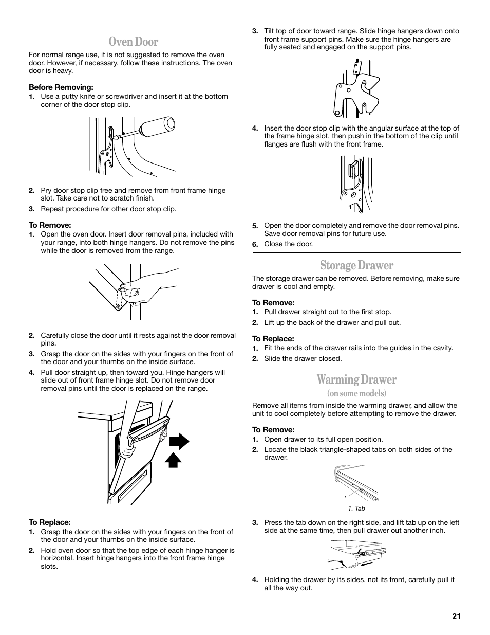 Oven door, Storage drawer, Warming drawer | Whirlpool 9754384 User Manual | Page 21 / 24