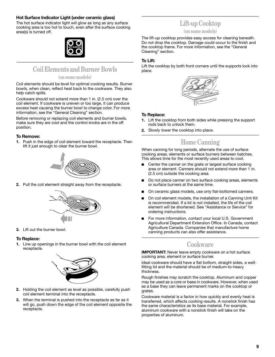 Coil elements and burner bowls, Lift-up cooktop, Home canning | Cookware, On some models) | Whirlpool 9754384 User Manual | Page 9 / 24