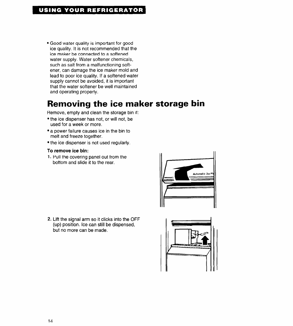 Removing the ice maker storage bin, To remove ice bin | Whirlpool 4ED25DQ User Manual | Page 14 / 24