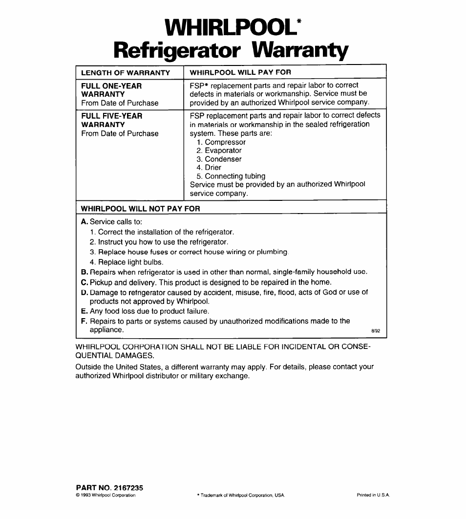 Whirlpool* refrigerator warranty | Whirlpool 4ED25DQ User Manual | Page 24 / 24