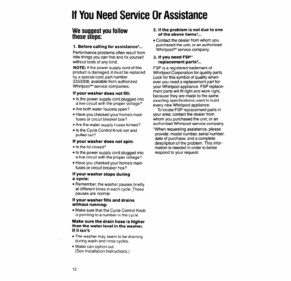 If you need service or assistance, We suggest you follow these steps, Before calling for assistance | If you need fsp® replacement parts | Whirlpool 6LA63OOXT User Manual | Page 12 / 16