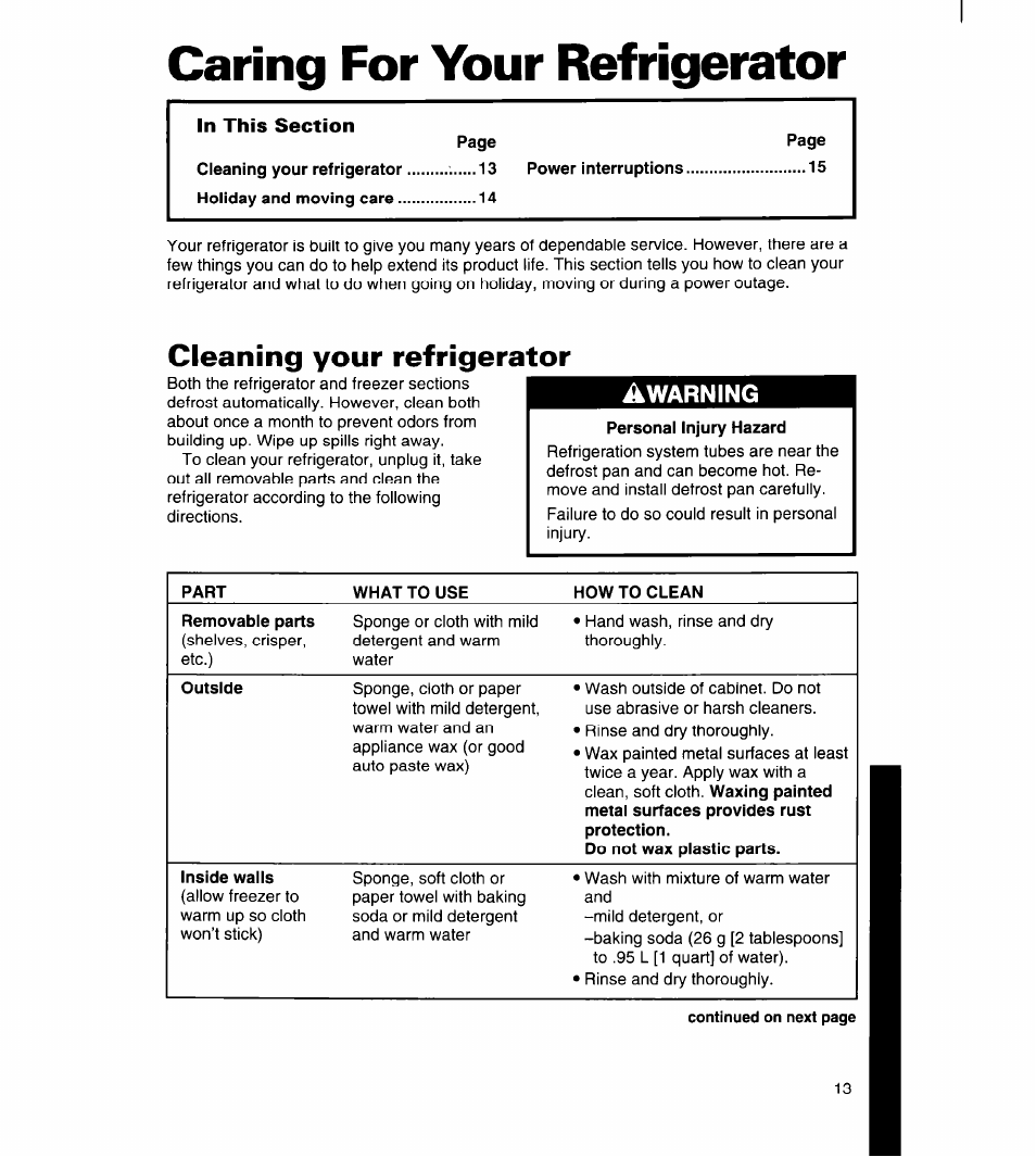Caring for your refrigerator, Cleaning your refrigerator | Whirlpool 8ET18ZK User Manual | Page 14 / 20