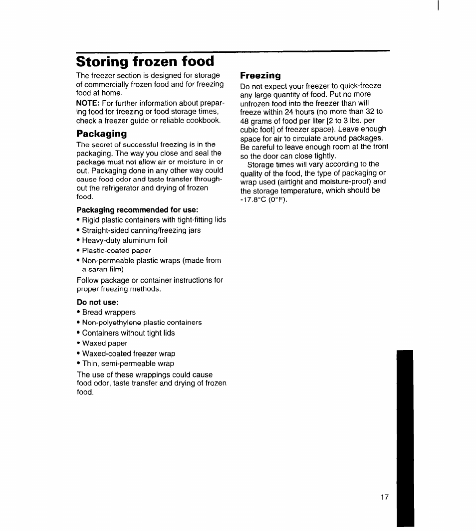 Storing frozen food, Packaging, Freezing | Whirlpool 8ET18ZK User Manual | Page 18 / 20