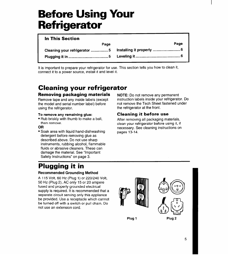 Before using your refrigerator, Plugging it in, Cleaning your refrigerator | Whirlpool 8ET18ZK User Manual | Page 6 / 20