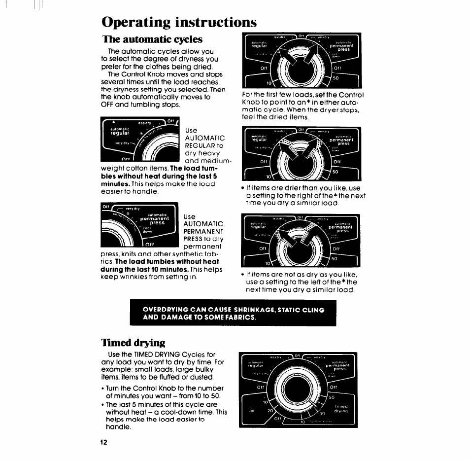 Operating instructions, The automatic cycles, Timed drying | Whirlpool LT5009XM User Manual | Page 12 / 20