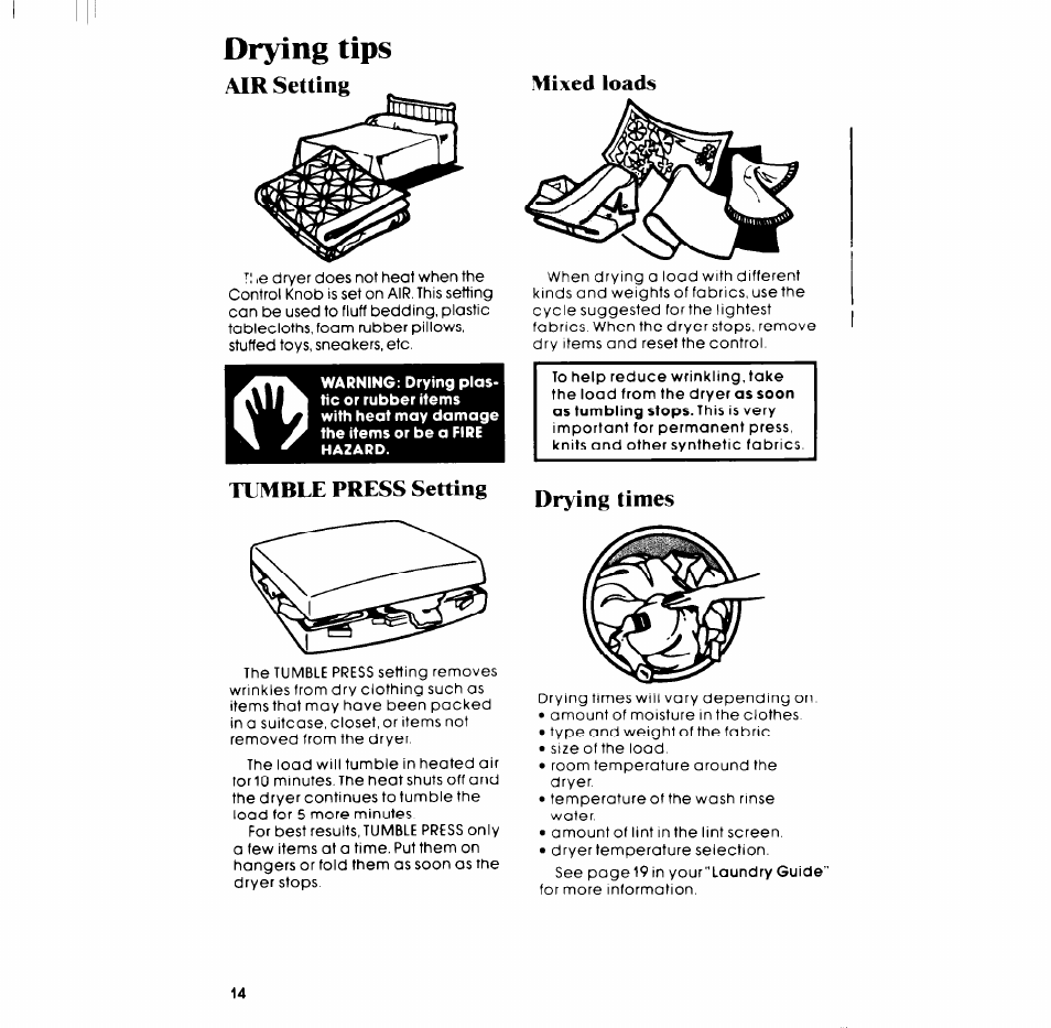 Air setting, Tumble press setting, Drying tip | Mixed loads, Drying times | Whirlpool LT5009XM User Manual | Page 14 / 20