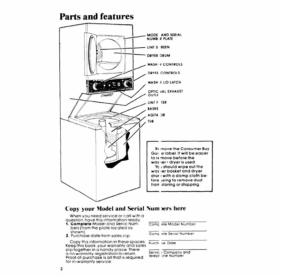 Parts and features, Copy your model and serial inum lers here | Whirlpool LT5009XM User Manual | Page 2 / 20