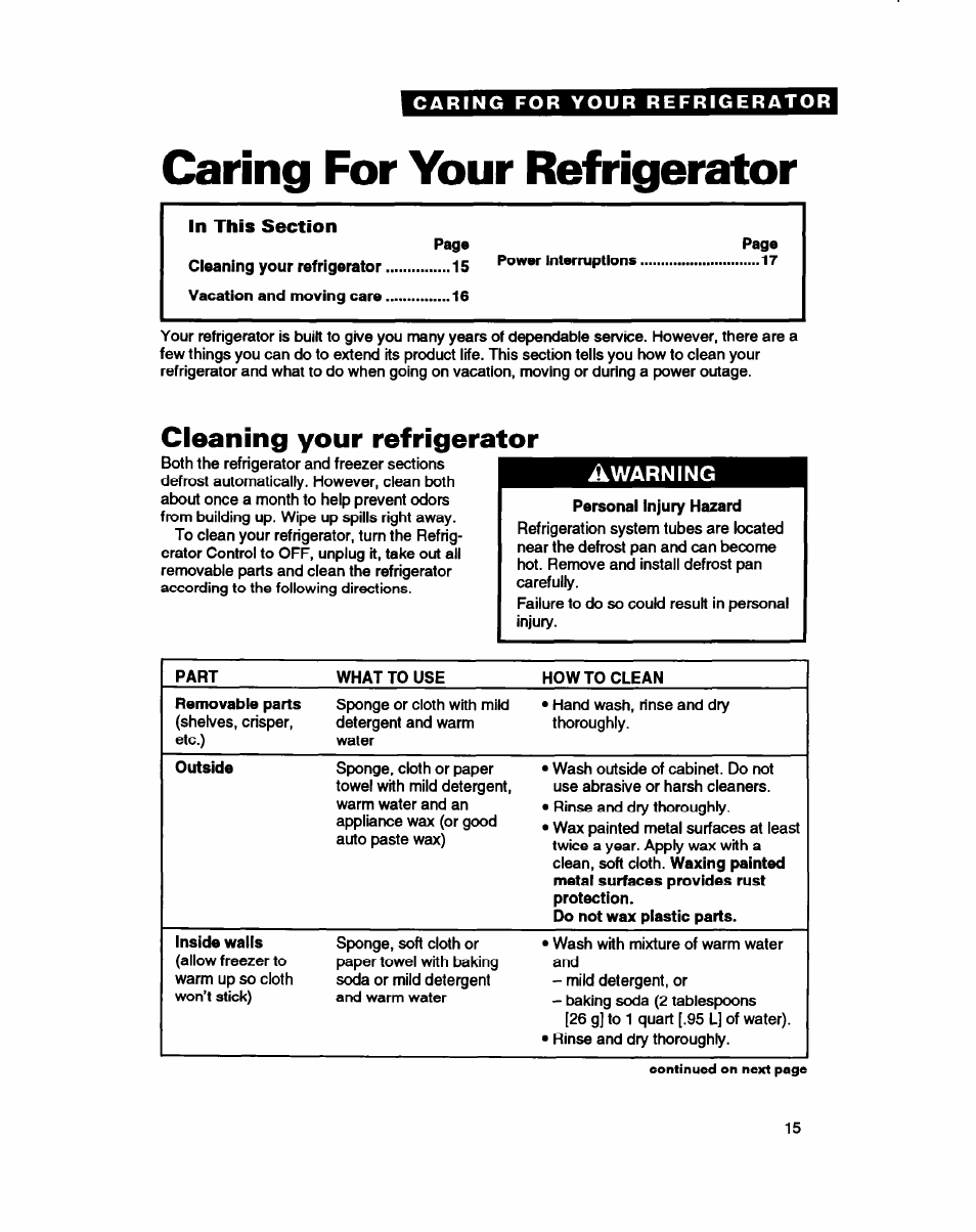 Caring for your refrigerator, Cleaning your refrigerator, Warning | Whirlpool ETZOTK User Manual | Page 15 / 22