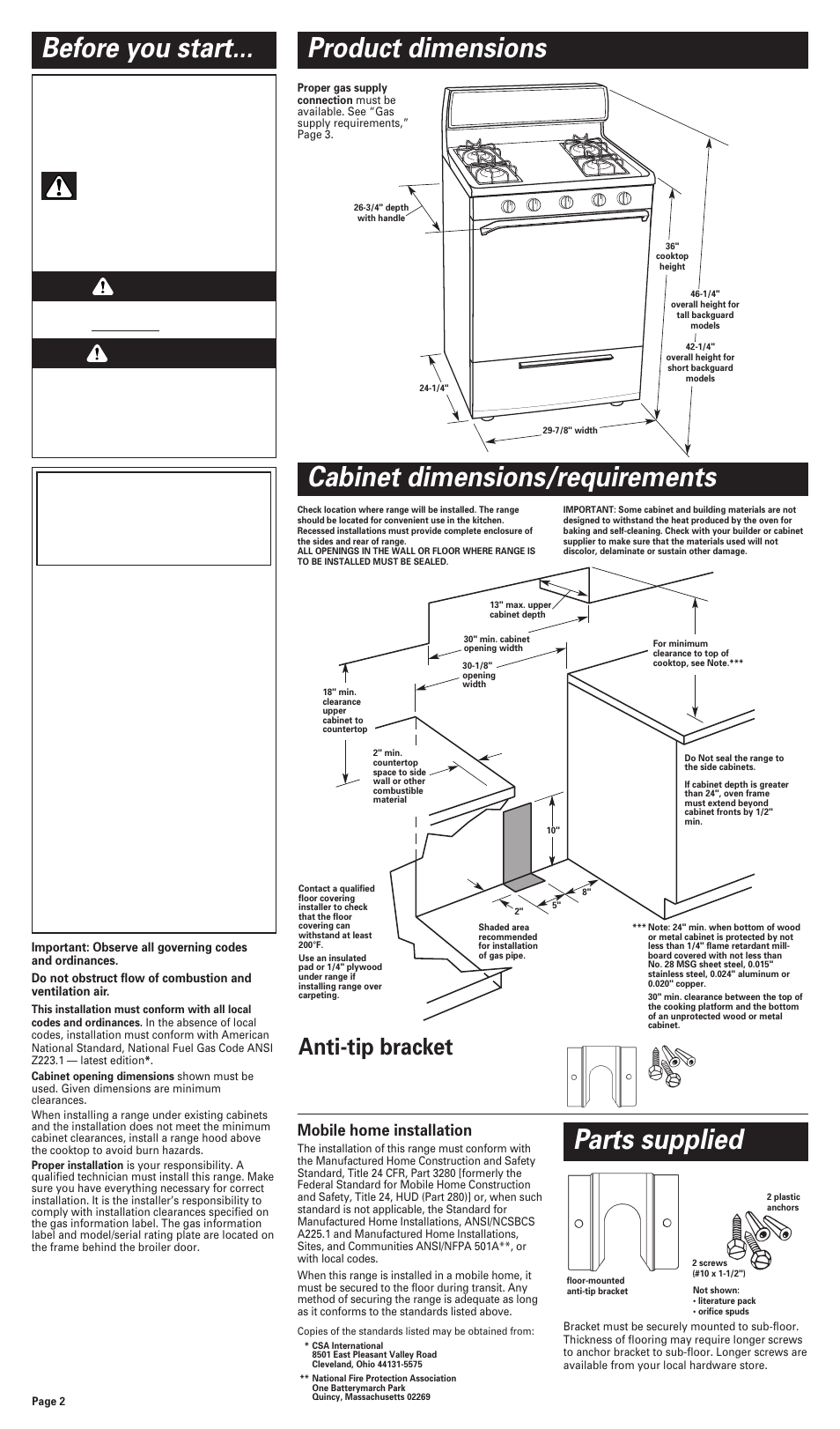 Before you start, Product dimensions, Cabinet dimensions/requirements | Parts supplied, Product dimensions cabinet dimensions/requirements, Warning, Danger, Anti-tip bracket, Mobile home installation | Whirlpool FGP300JN0 User Manual | Page 2 / 9