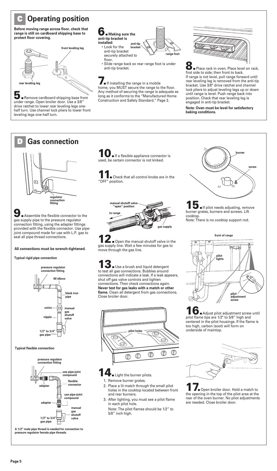 Operating position c, Gas connection d | Whirlpool FGP300JN0 User Manual | Page 5 / 9