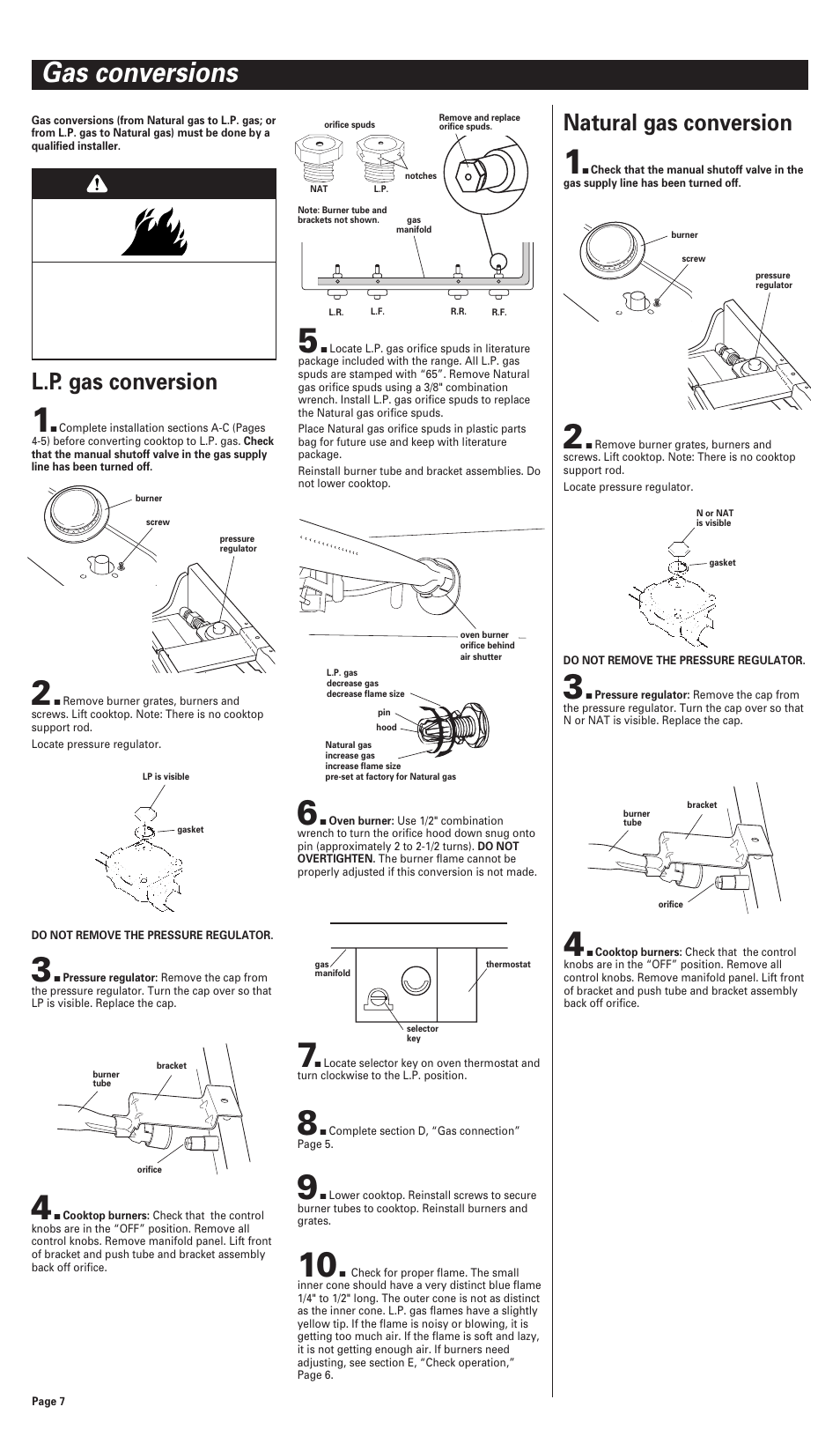 Gas conversions, Warning, Natural gas conversion | L.p. gas conversion | Whirlpool FGP300JN0 User Manual | Page 7 / 9