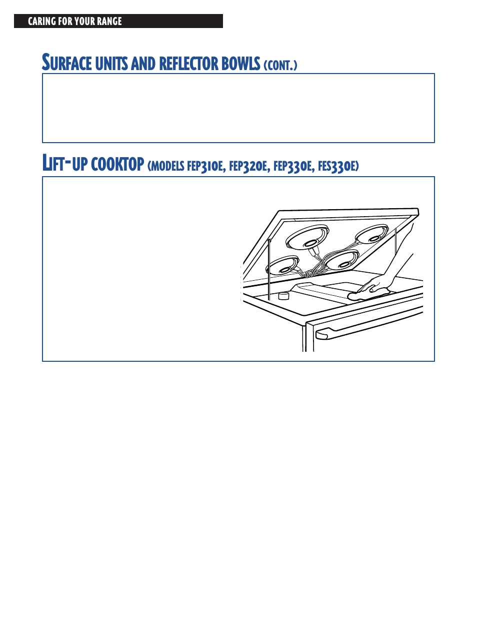 Lift-up cooktop, Urface, Units | Reflector, Bowls, Cooktop | Whirlpool FES364E User Manual | Page 36 / 48