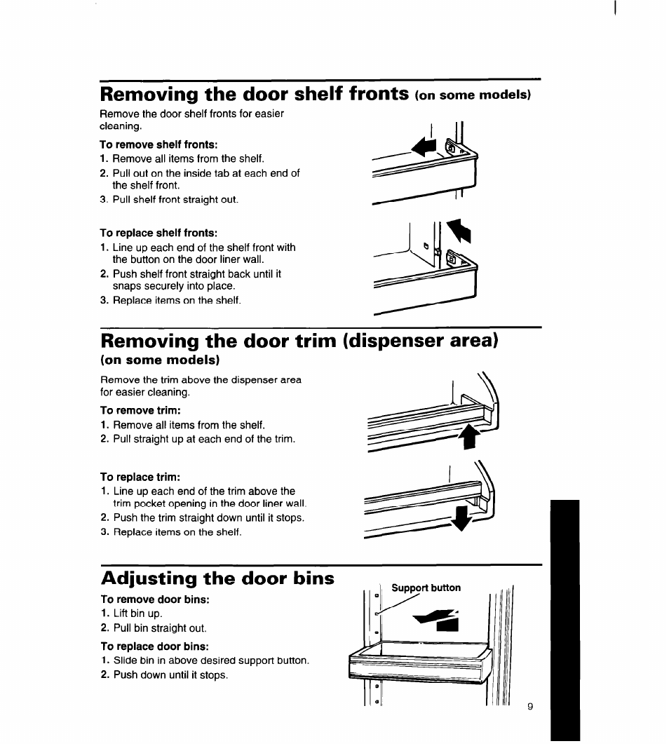 Removing the door shelf fronts (on some models), Removing the door trim (dispenser area), On some models) | Adjusting the door bins, Adjusting the door bin glides, Removing the door shelf fronts | Whirlpool 8ED22DQ User Manual | Page 10 / 30