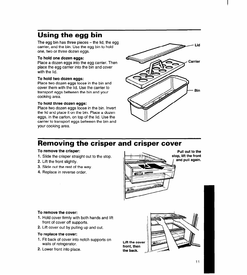 Using the egg bin, Removing the crisper and crisper cover | Whirlpool 8ED22DQ User Manual | Page 12 / 30