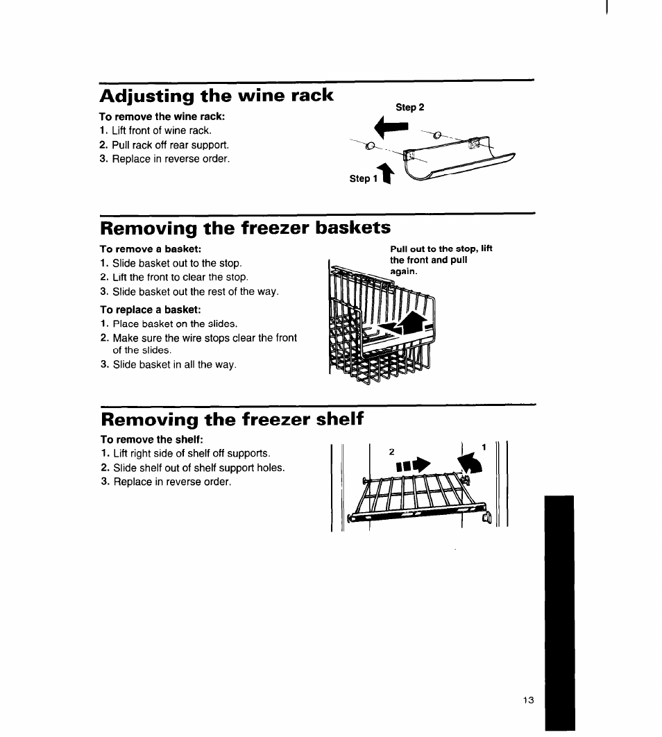 Adjusting the wine rack, Removing the freezer baskets, Removing the freezer shelf | Whirlpool 8ED22DQ User Manual | Page 14 / 30