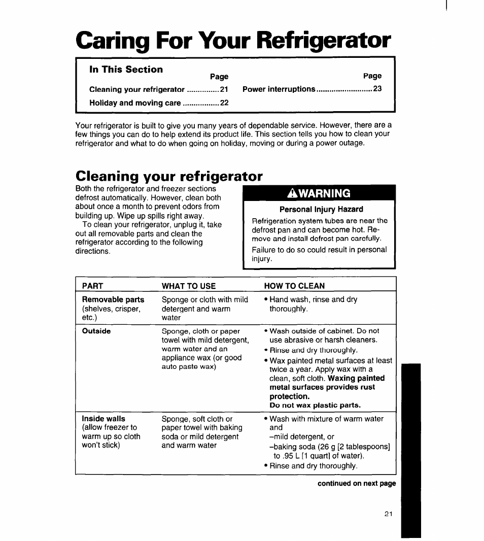 Caring for your refrigerator, Cleaning your refrigerator | Whirlpool 8ED22DQ User Manual | Page 22 / 30