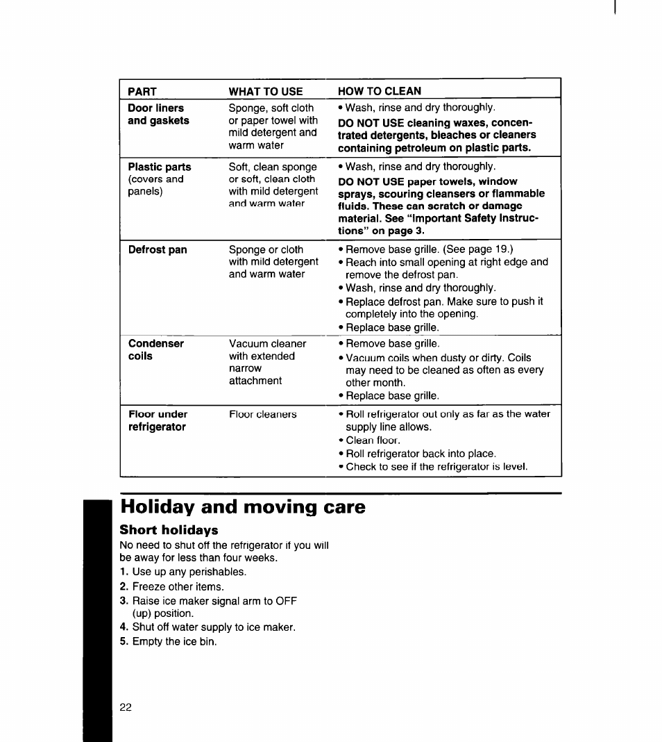 Holiday and moving care, Short holidays | Whirlpool 8ED22DQ User Manual | Page 23 / 30