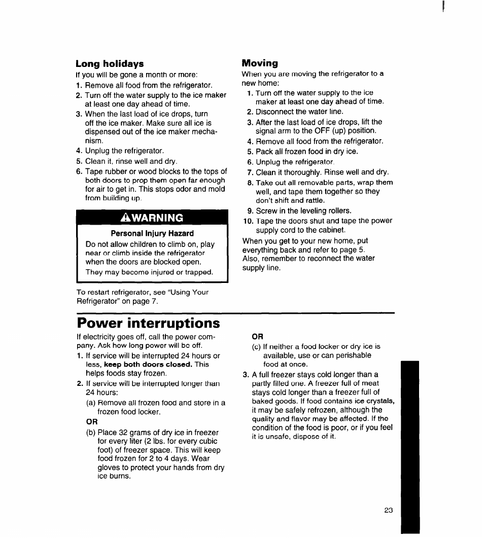 Long holidays, Moving, Power interruptions | Whirlpool 8ED22DQ User Manual | Page 24 / 30
