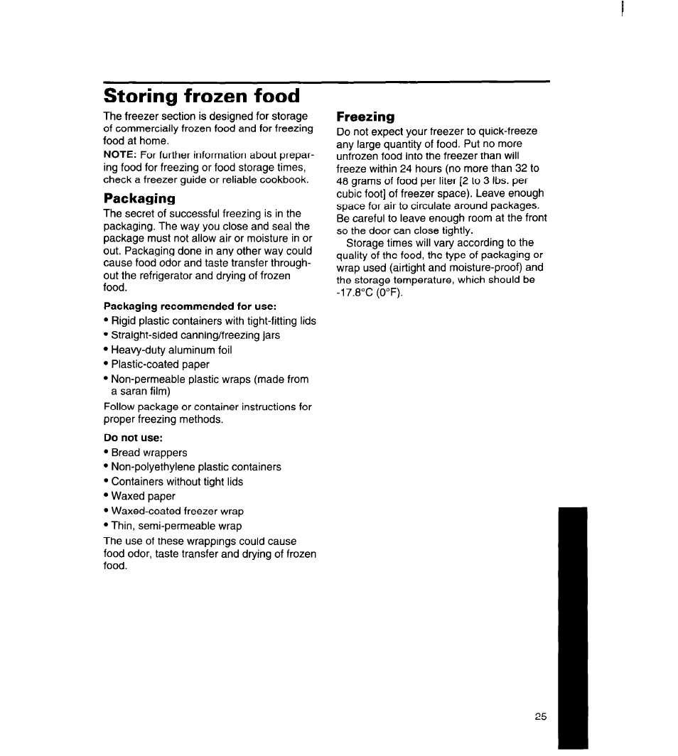 Storing frozen food, Packaging, Freezing | Whirlpool 8ED22DQ User Manual | Page 26 / 30