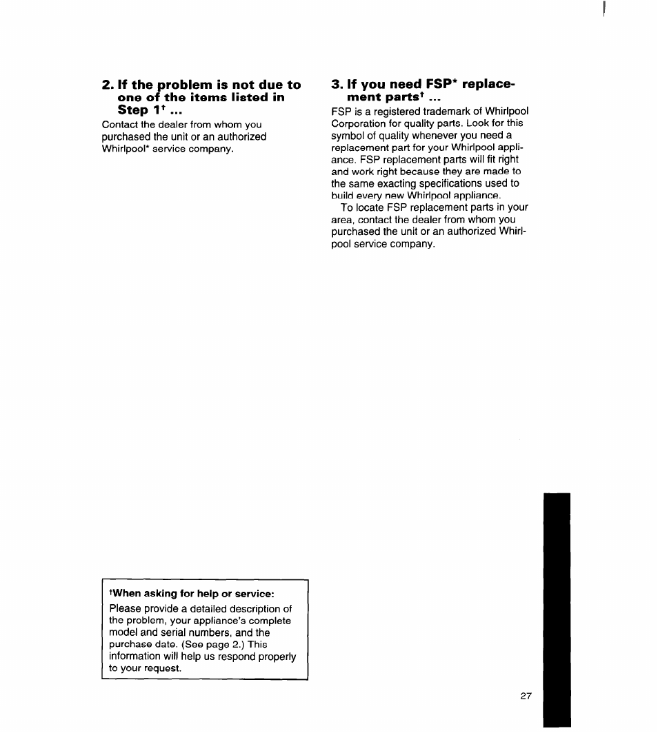 If you need fsp* replacement parts | Whirlpool 8ED22DQ User Manual | Page 28 / 30