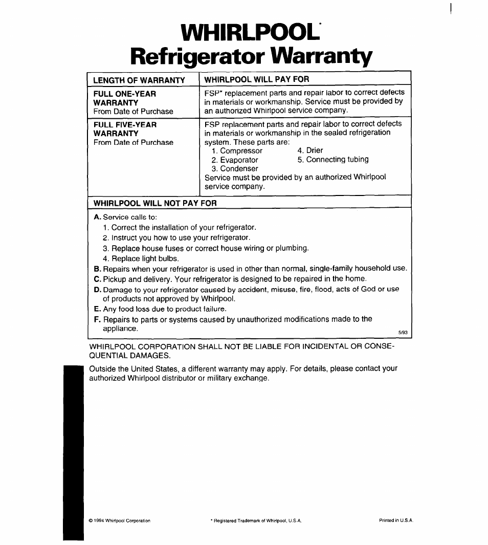 Whirlpool refrigerator warranty | Whirlpool 8ED22DQ User Manual | Page 29 / 30