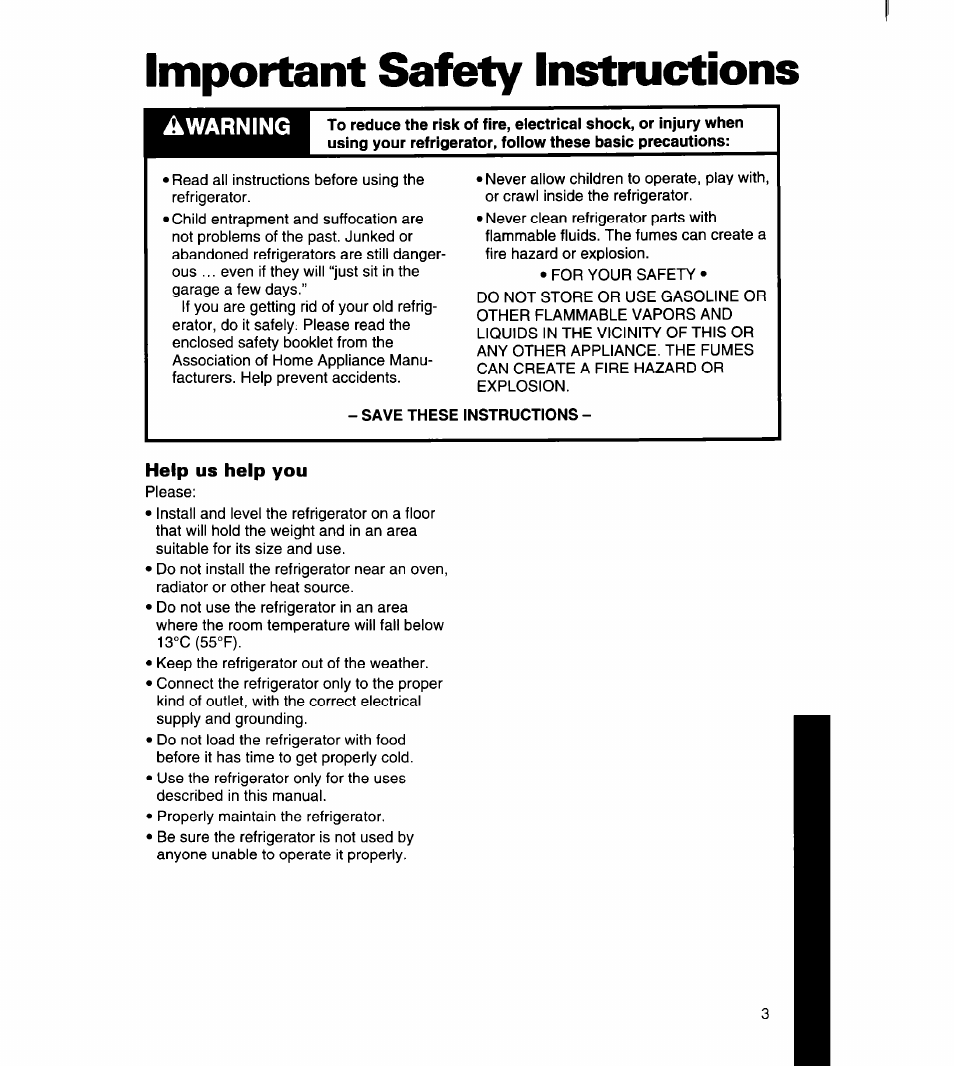 Important safety instructions, Help us help you | Whirlpool 8ED22DQ User Manual | Page 4 / 30