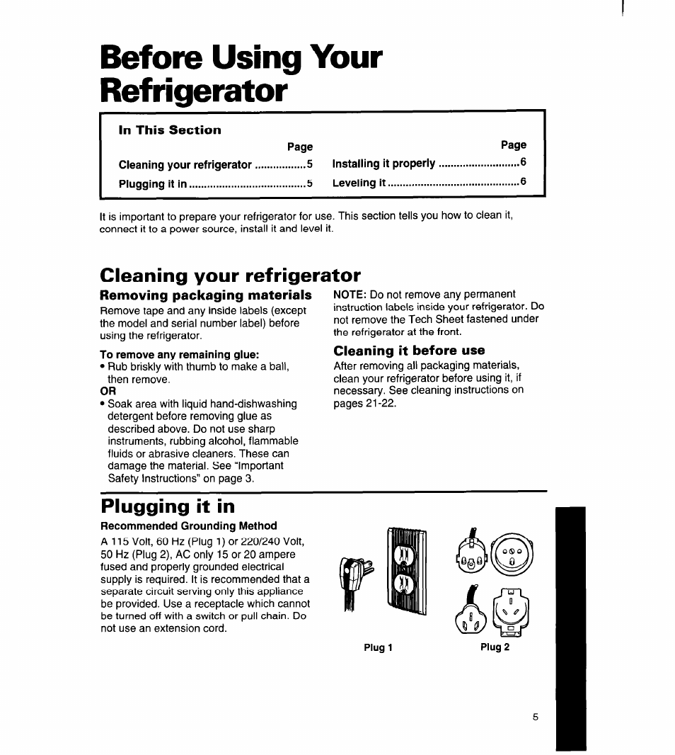 Before using your refrigerator, Cleaning your refrigerator, Removing packaging materials | Cleaning it before use, Plugging it in | Whirlpool 8ED22DQ User Manual | Page 6 / 30