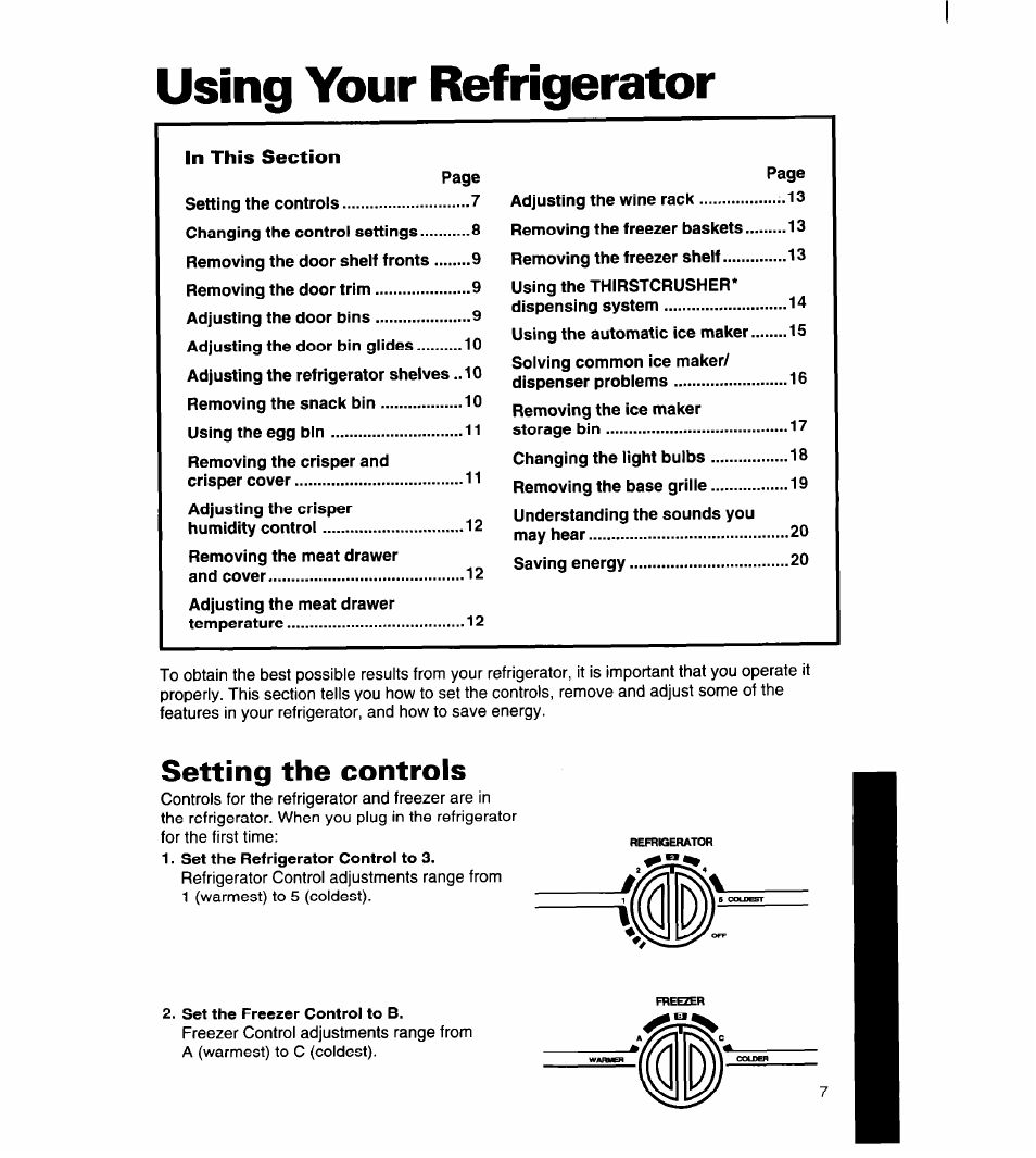 Using your refrigerator, Setting the controls | Whirlpool 8ED22DQ User Manual | Page 8 / 30