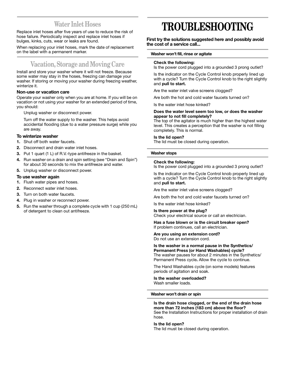 Troubleshooting, Water inlet hoses, Vacation, storage and moving care | Whirlpool 3XLSQ7533 User Manual | Page 10 / 35