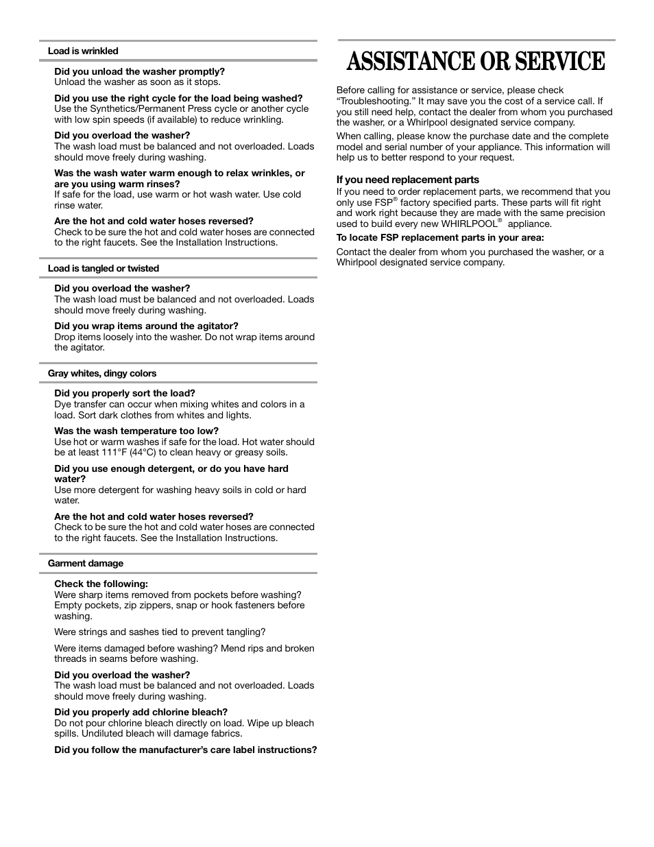 Assistance or service | Whirlpool 3XLSQ7533 User Manual | Page 12 / 35