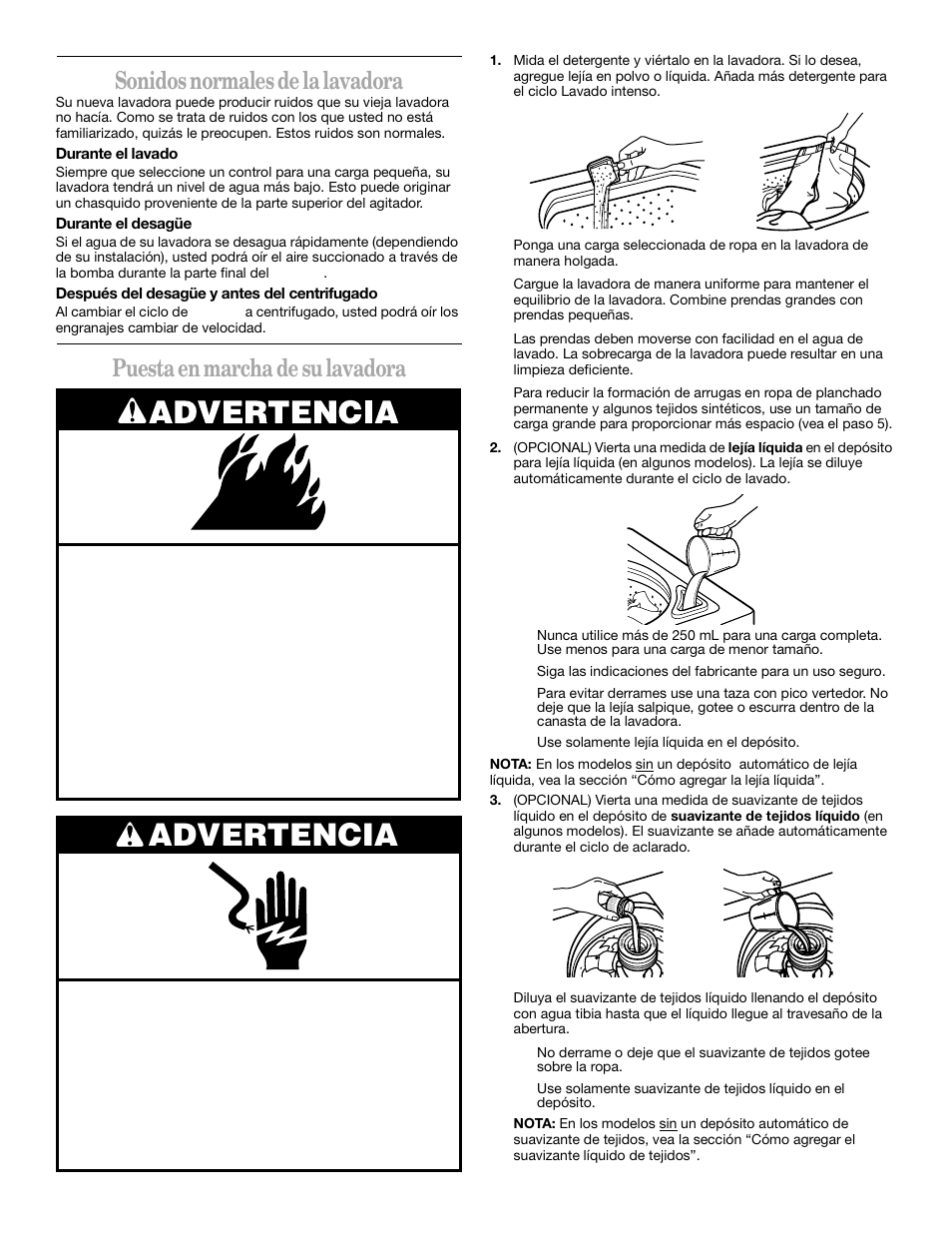 Advertencia, Sonidos normales de la lavadora, Puesta en marcha de su lavadora | Whirlpool 3XLSQ7533 User Manual | Page 16 / 35