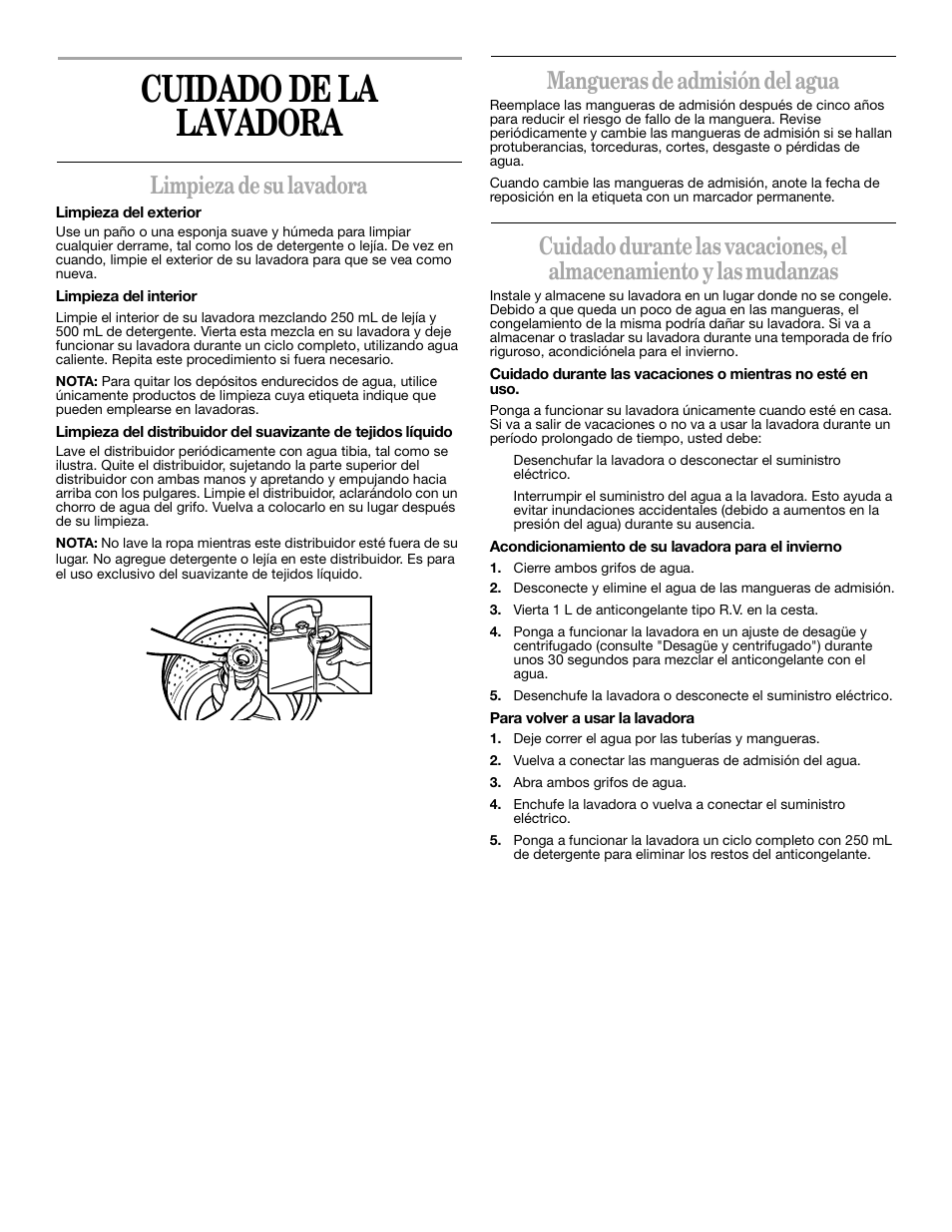 Cuidado de la lavadora, Limpieza de su lavadora, Mangueras de admisión del agua | Whirlpool 3XLSQ7533 User Manual | Page 20 / 35